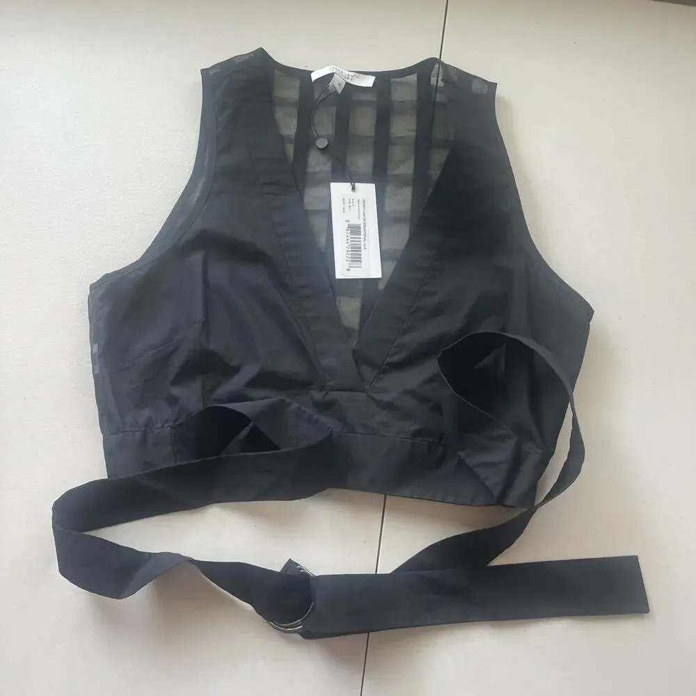 DEREK LAM Black Sheer Back Crop Top Sz 8 S/M Silk Cotton Belted City Fancy NEW